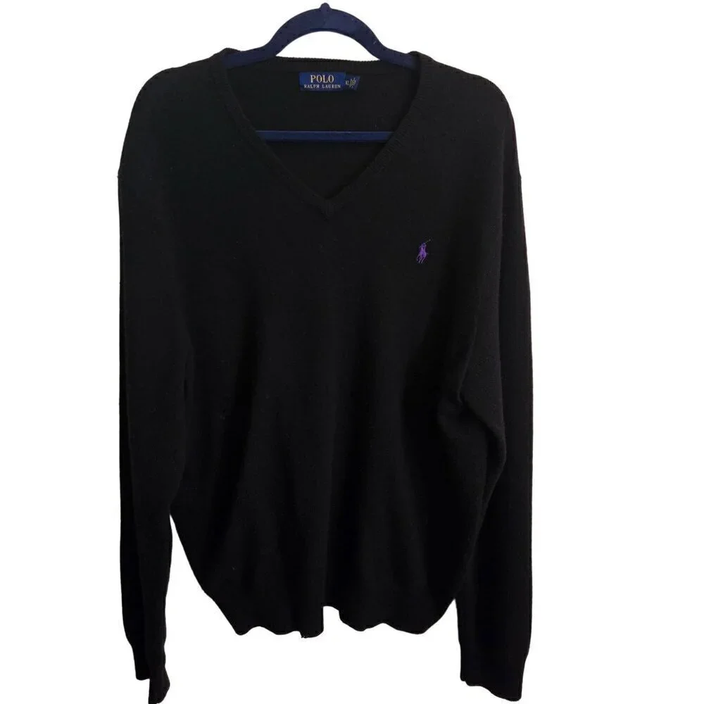 Polo Ralph Lauren Black 100% Lambswool V Neck Classic Sweater Size XL